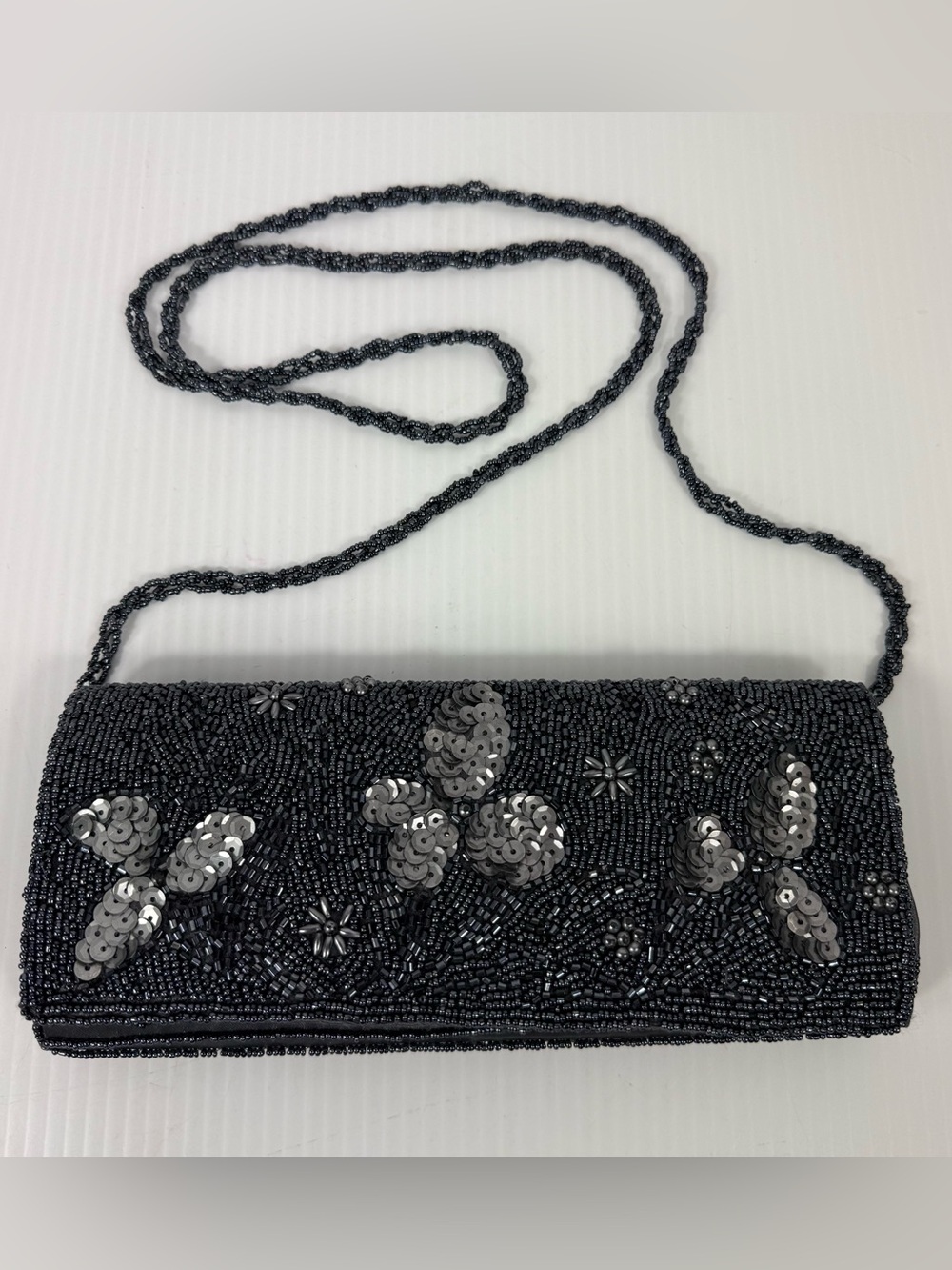 Bijoux Terner Women's Black Silver Beaded Sequin Evening Shoulder Purse Clutch
